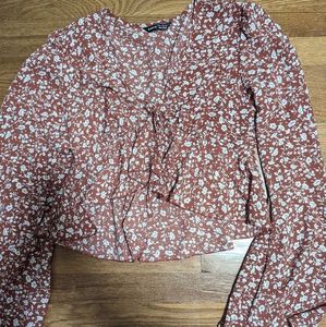 Red floral tie front long sleeve top